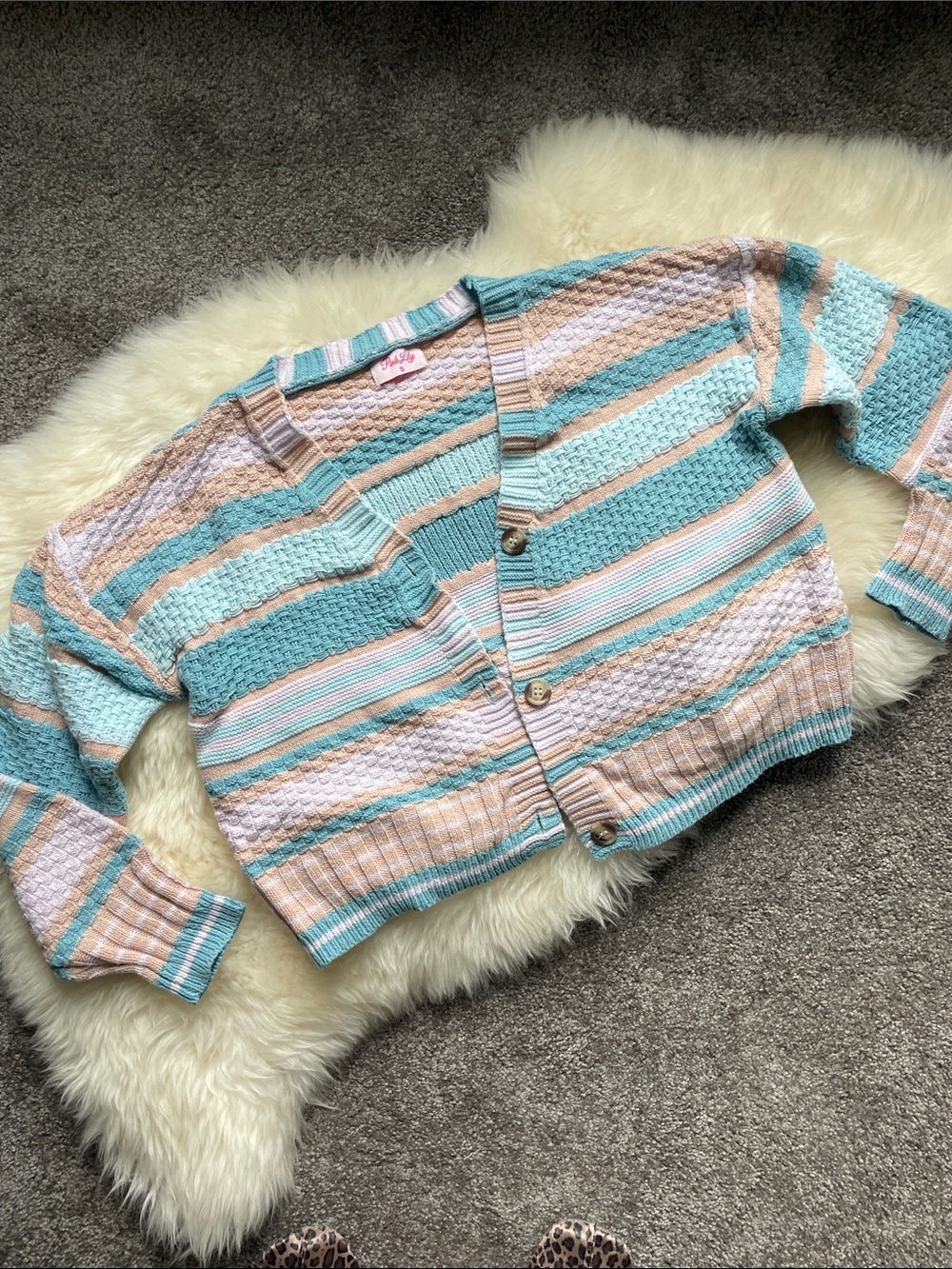 Pink Lily Pastel Striped Cropped Cardigan - Blue, Peach & Cream